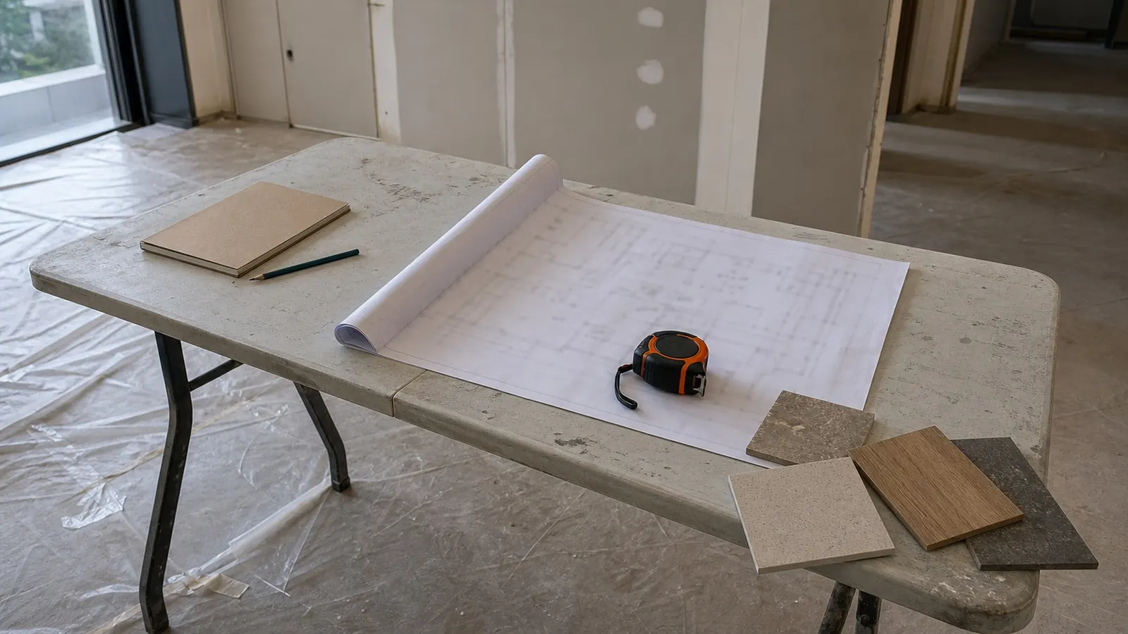 Illustrative site-review table with a curled plan, notebook, tape measure, and material samples